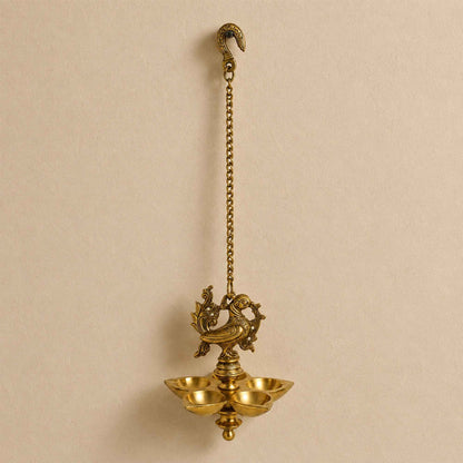 Brass Annam Five-Wick Hanging Vilakku with Yellow Antique Finish – 18.5 Inch Traditional Pooja Lamp