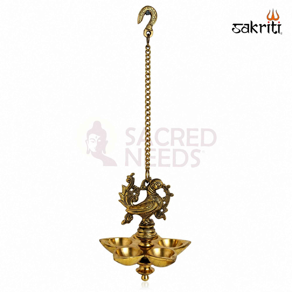Brass Annam Five-Wick Hanging Vilakku with Yellow Antique Finish – 18.5 Inch Traditional Pooja Lamp