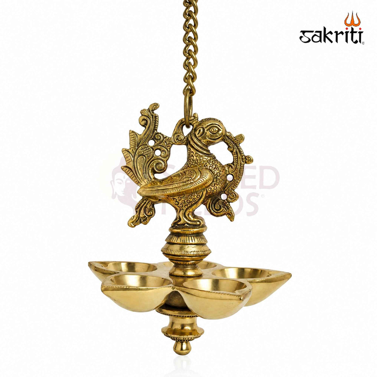 Brass Annam Five-Wick Hanging Vilakku with Yellow Antique Finish – 18.5 Inch Traditional Pooja Lamp