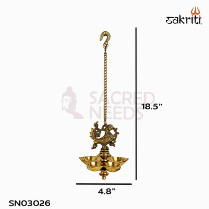 Brass Annam Five-Wick Hanging Vilakku with Yellow Antique Finish – 18.5 Inch Traditional Pooja Lamp