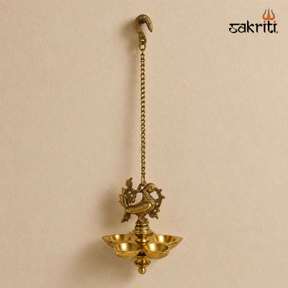Brass Annam Five-Wick Hanging Vilakku with Yellow Antique Finish – 18.5 Inch Traditional Pooja Lamp