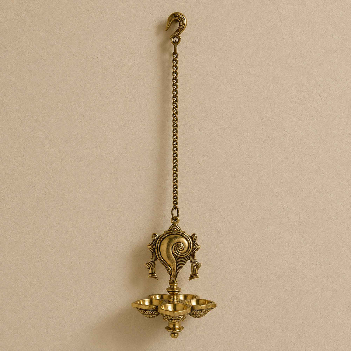 Brass Shankh Hanging Vilakku with Yellow Antique Finish – 31 Inch Traditional Lamp for Pooja Decor