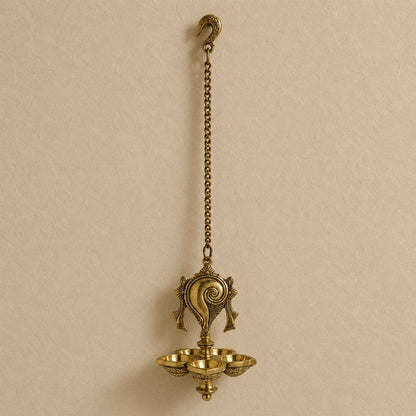 Brass Shankh Hanging Vilakku with Yellow Antique Finish – 31 Inch Traditional Lamp for Pooja Decor