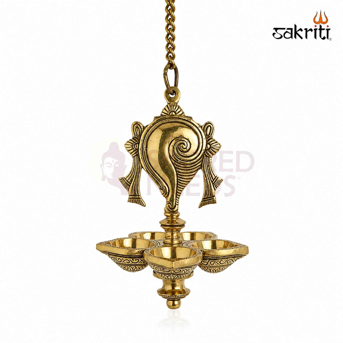 Brass Shankh Hanging Vilakku with Yellow Antique Finish – 31 Inch Traditional Lamp for Pooja Decor