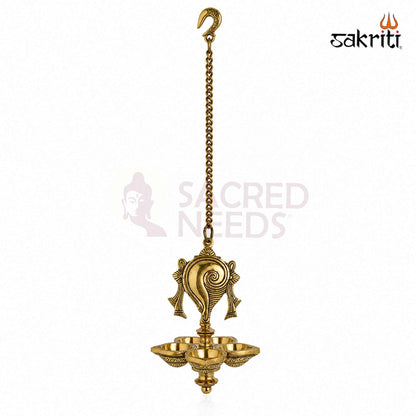 Brass Shankh Hanging Vilakku with Yellow Antique Finish – 31 Inch Traditional Lamp for Pooja Decor