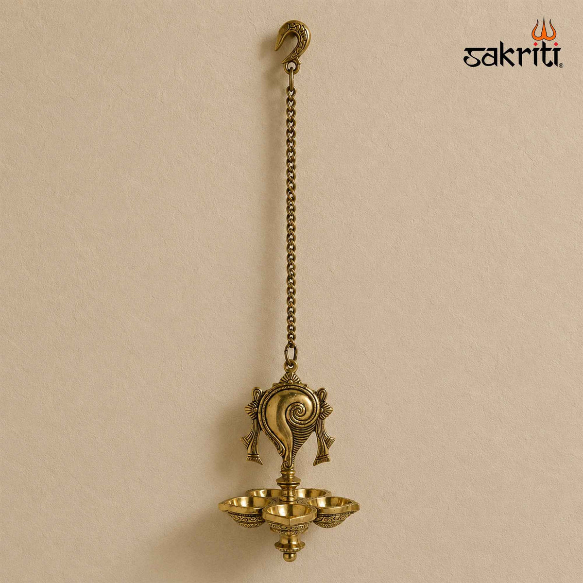 Brass Shankh Hanging Vilakku with Yellow Antique Finish – 31 Inch Traditional Lamp for Pooja Decor