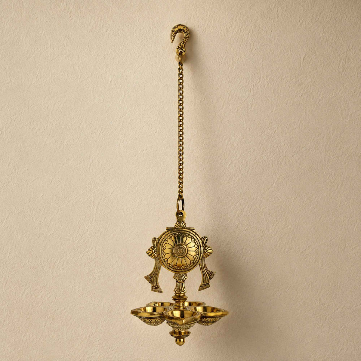 Brass Chakra Hanging Vilakku with Yellow Antique Finish – 30 Inch Traditional Lamp for Pooja Decor