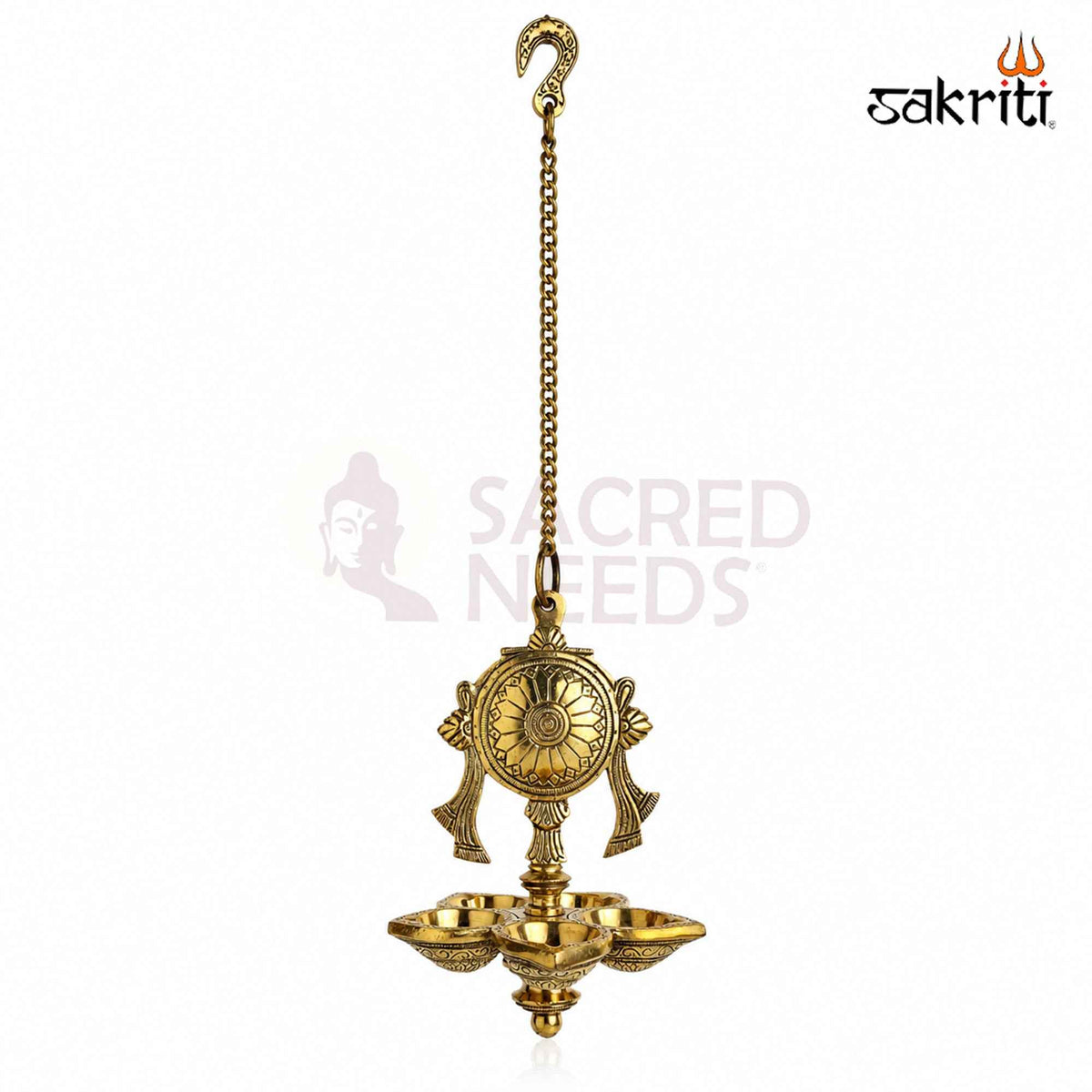 Brass Chakra Hanging Vilakku with Yellow Antique Finish – 30 Inch Traditional Lamp for Pooja Decor