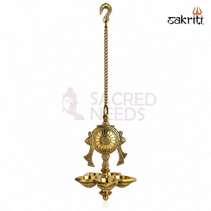 Brass Chakra Hanging Vilakku with Yellow Antique Finish – 30 Inch Traditional Lamp for Pooja Decor