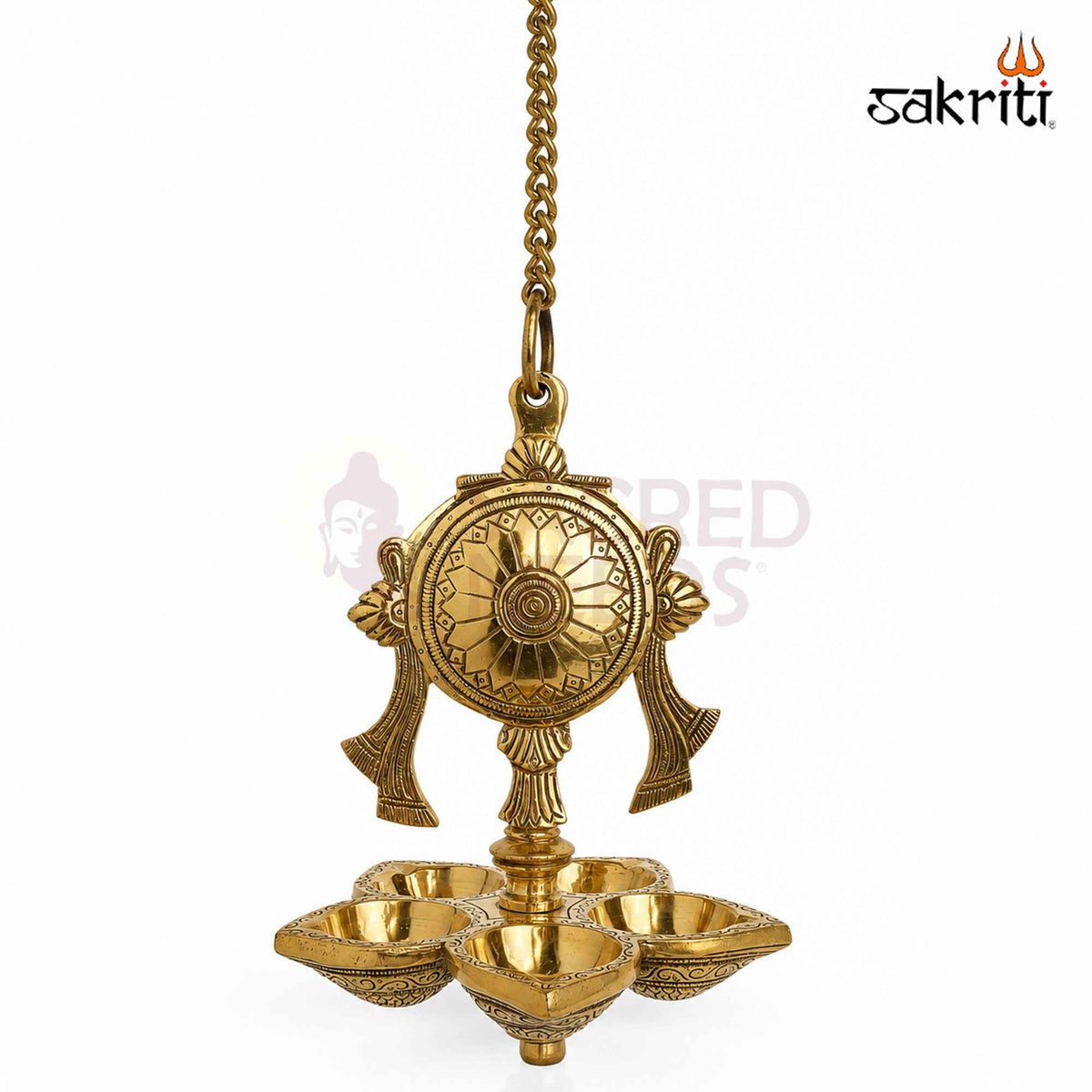 Brass Chakra Hanging Vilakku with Yellow Antique Finish – 30 Inch Traditional Lamp for Pooja Decor