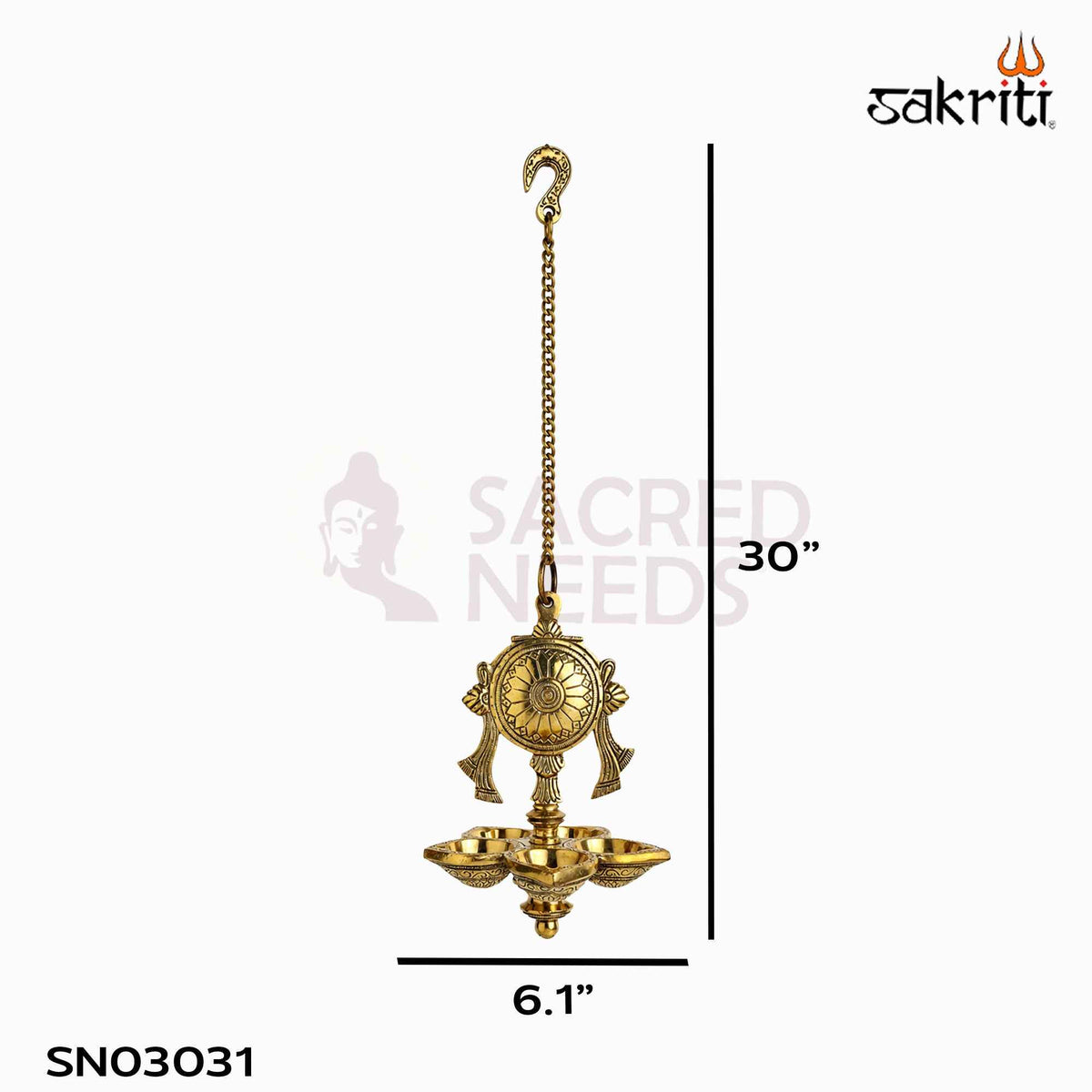 Brass Chakra Hanging Vilakku with Yellow Antique Finish – 30 Inch Traditional Lamp for Pooja Decor