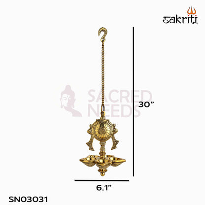 Brass Chakra Hanging Vilakku with Yellow Antique Finish – 30 Inch Traditional Lamp for Pooja Decor
