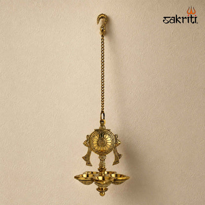 Brass Chakra Hanging Vilakku with Yellow Antique Finish – 30 Inch Traditional Lamp for Pooja Decor