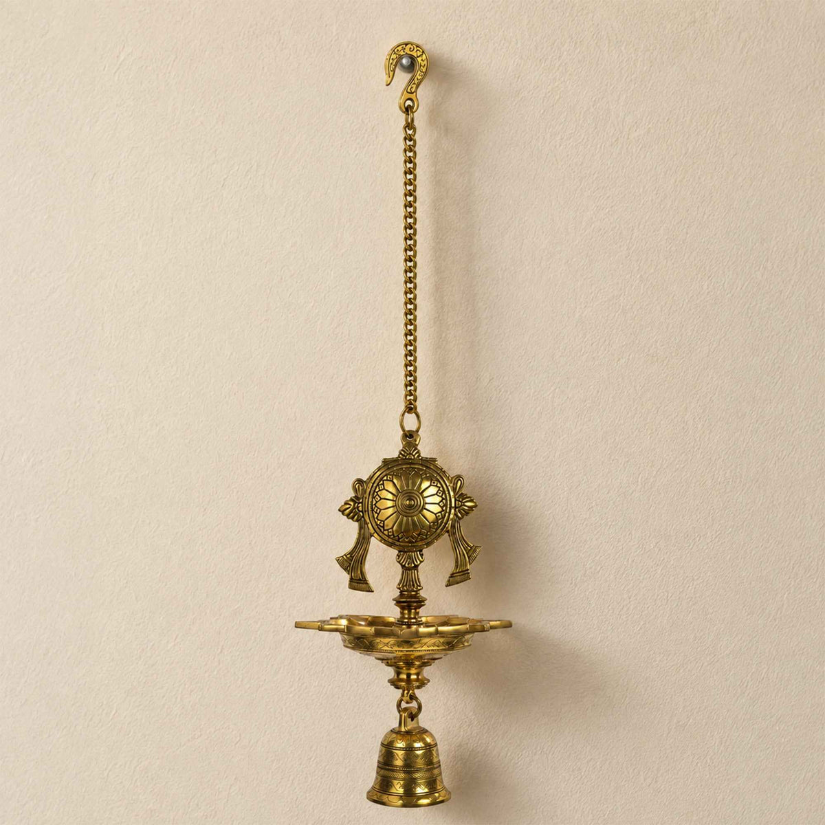 Brass Chakra Five-Wick Hanging Vilakku with Yellow Antique Finish – 34 Inch Traditional Pooja Lamp