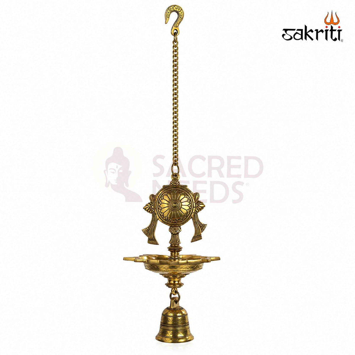 Brass Chakra Five-Wick Hanging Vilakku with Yellow Antique Finish – 34 Inch Traditional Pooja Lamp