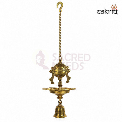 Brass Chakra Five-Wick Hanging Vilakku with Yellow Antique Finish – 34 Inch Traditional Pooja Lamp