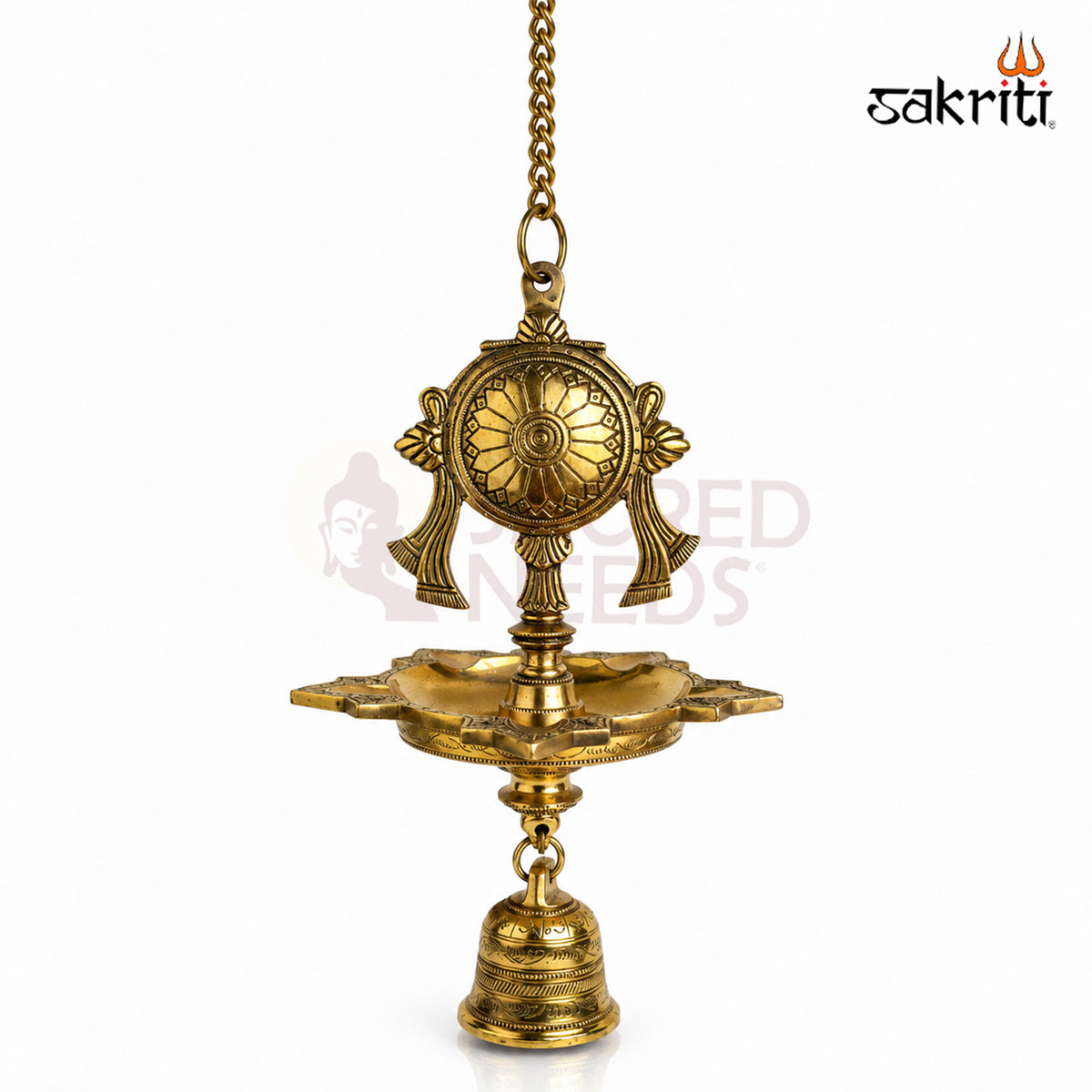 Brass Chakra Five-Wick Hanging Vilakku in yellow antique finish