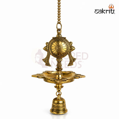 Brass Chakra Five-Wick Hanging Vilakku in yellow antique finish