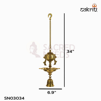 Brass Chakra Five-Wick Hanging Vilakku in yellow antique finish — dimensions