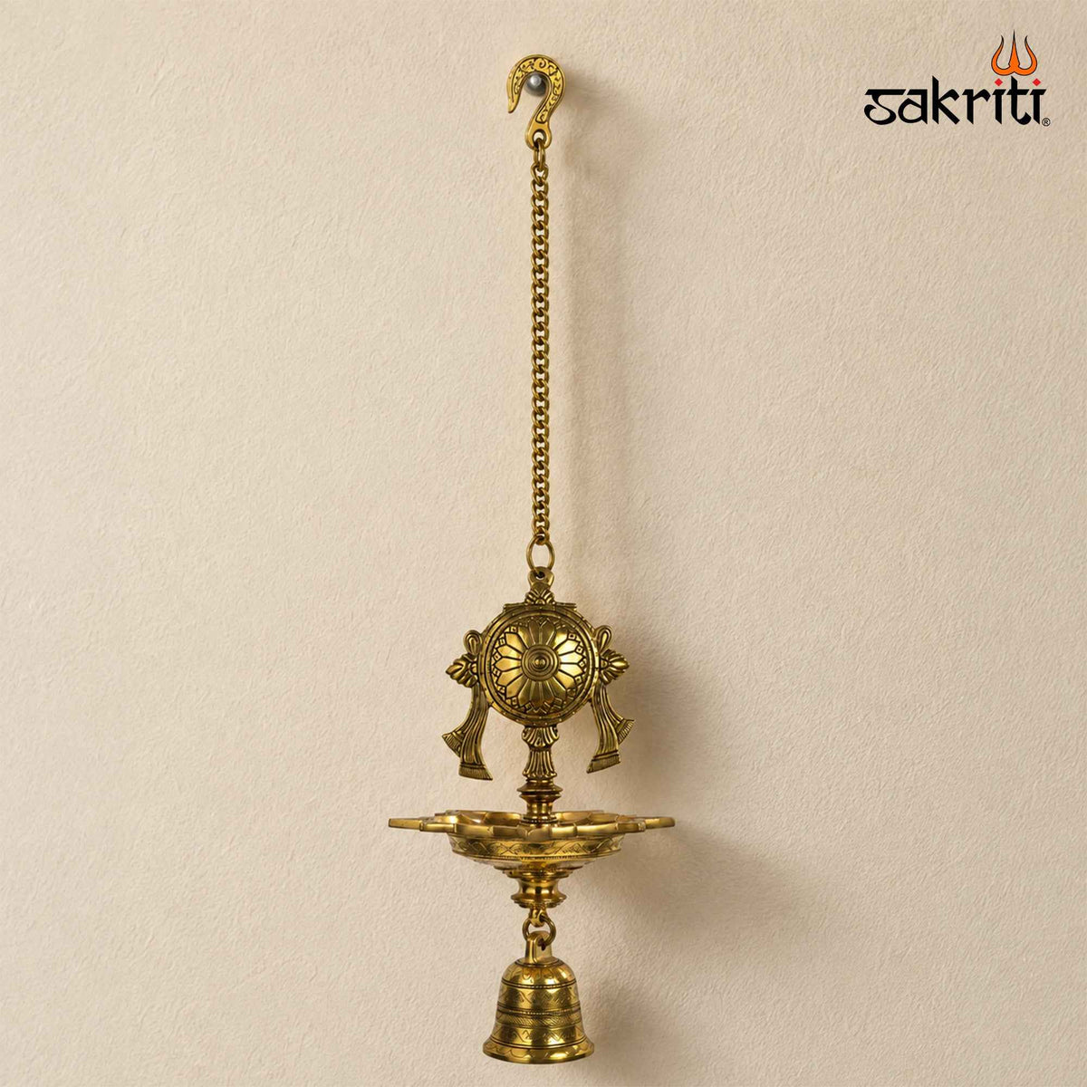 Brass Chakra Five-Wick Hanging Vilakku with Yellow Antique Finish – 34 Inch Traditional Pooja Lamp