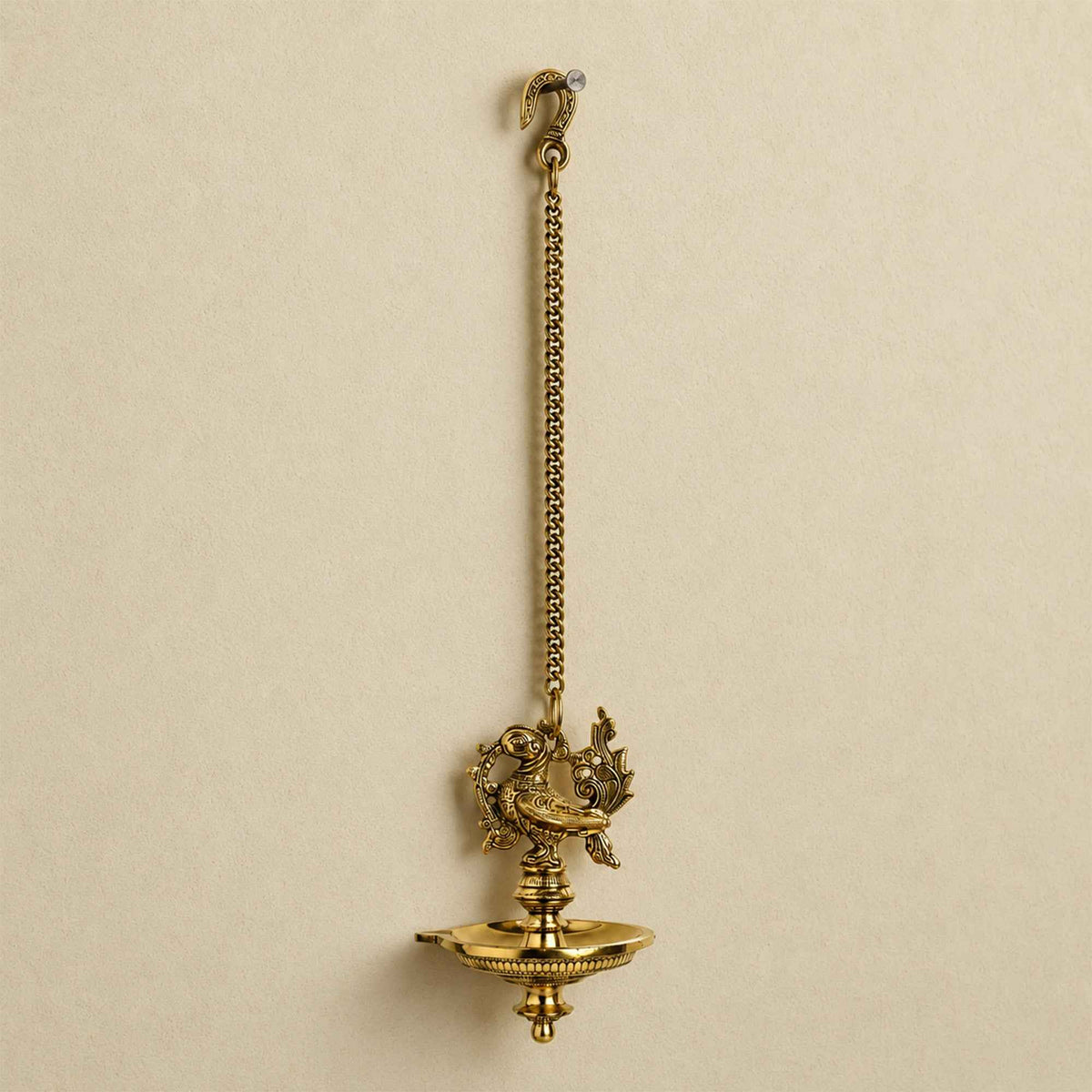 Brass Annam Single-Wick Hanging Vilakku with Yellow Antique Finish – 20 Inch Traditional Pooja Lamp