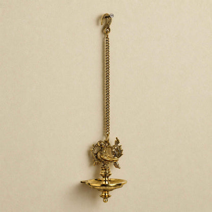 Brass Annam Single-Wick Hanging Vilakku with Yellow Antique Finish – 20 Inch Traditional Pooja Lamp