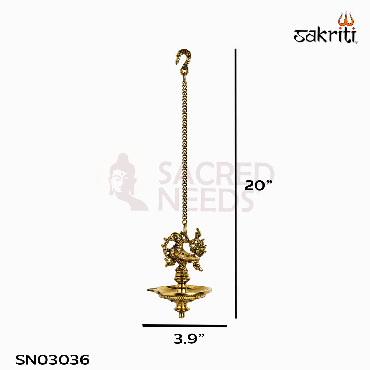 Brass Annam Single-Wick Hanging Vilakku in yellow antique finish — dimensions