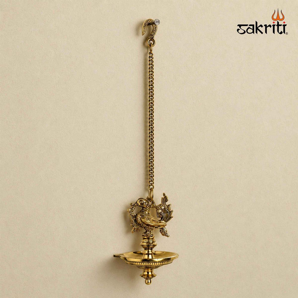Brass Annam Single-Wick Hanging Vilakku with Yellow Antique Finish – 20 Inch Traditional Pooja Lamp