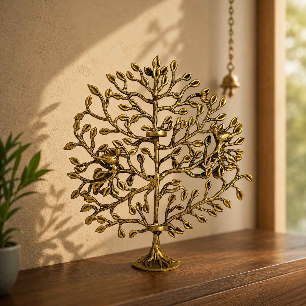 Brass Tree with Birds and Holder in Yellow Antique Finish – 17 Inch Decorative Sculpture for Home Display