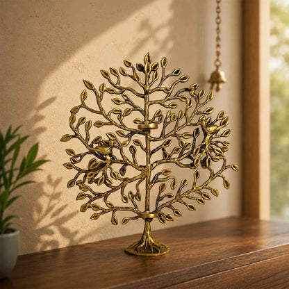 Brass Tree with Birds and Holder in Yellow Antique Finish – 17 Inch Decorative Sculpture for Home Display
