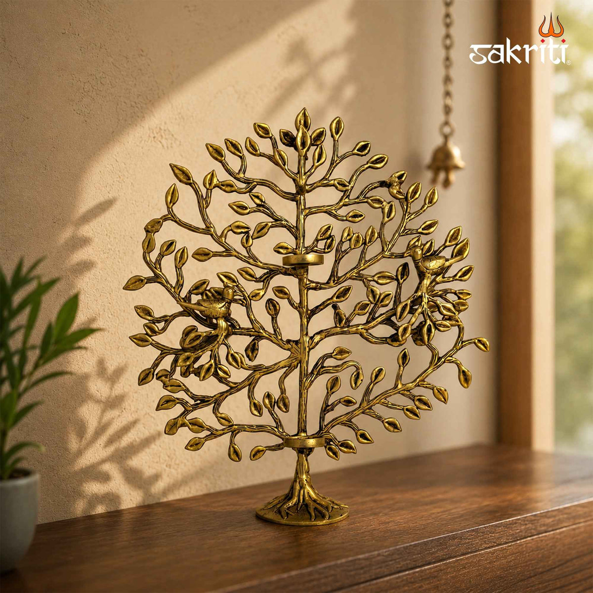 Brass Tree with Birds and Holder in Yellow Antique Finish – 17 Inch Decorative Sculpture for Home Display