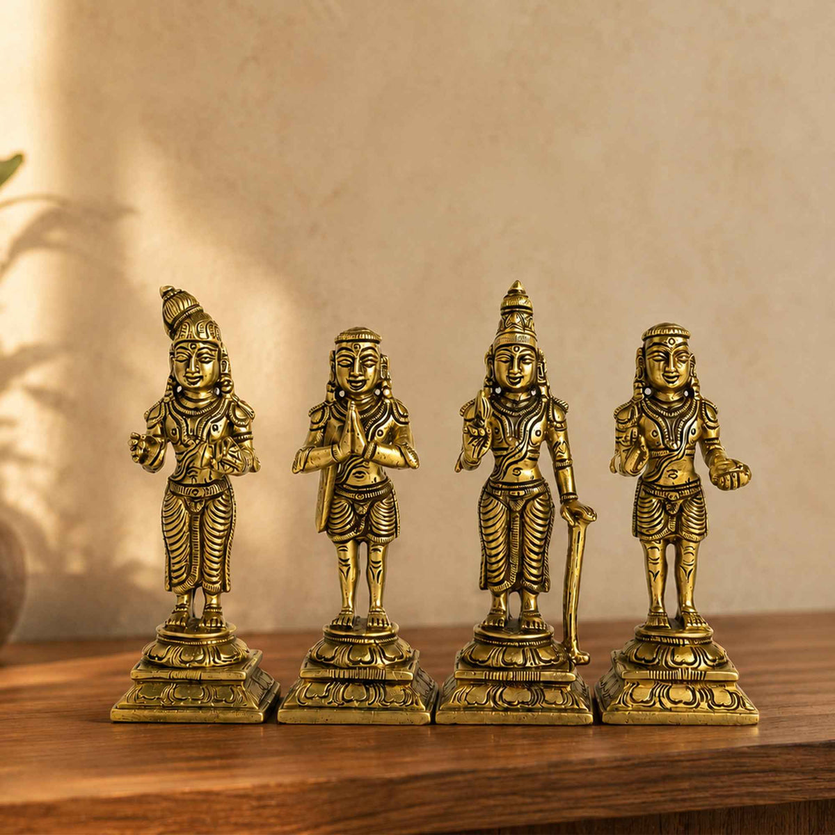 Brass Naalvar Idol Set with Yellow Antique Finish – 4 Inch Traditional Devotional Figures for Home Pooja