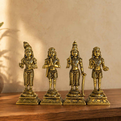 Brass Naalvar Idol Set with Yellow Antique Finish – 4 Inch Traditional Devotional Figures for Home Pooja
