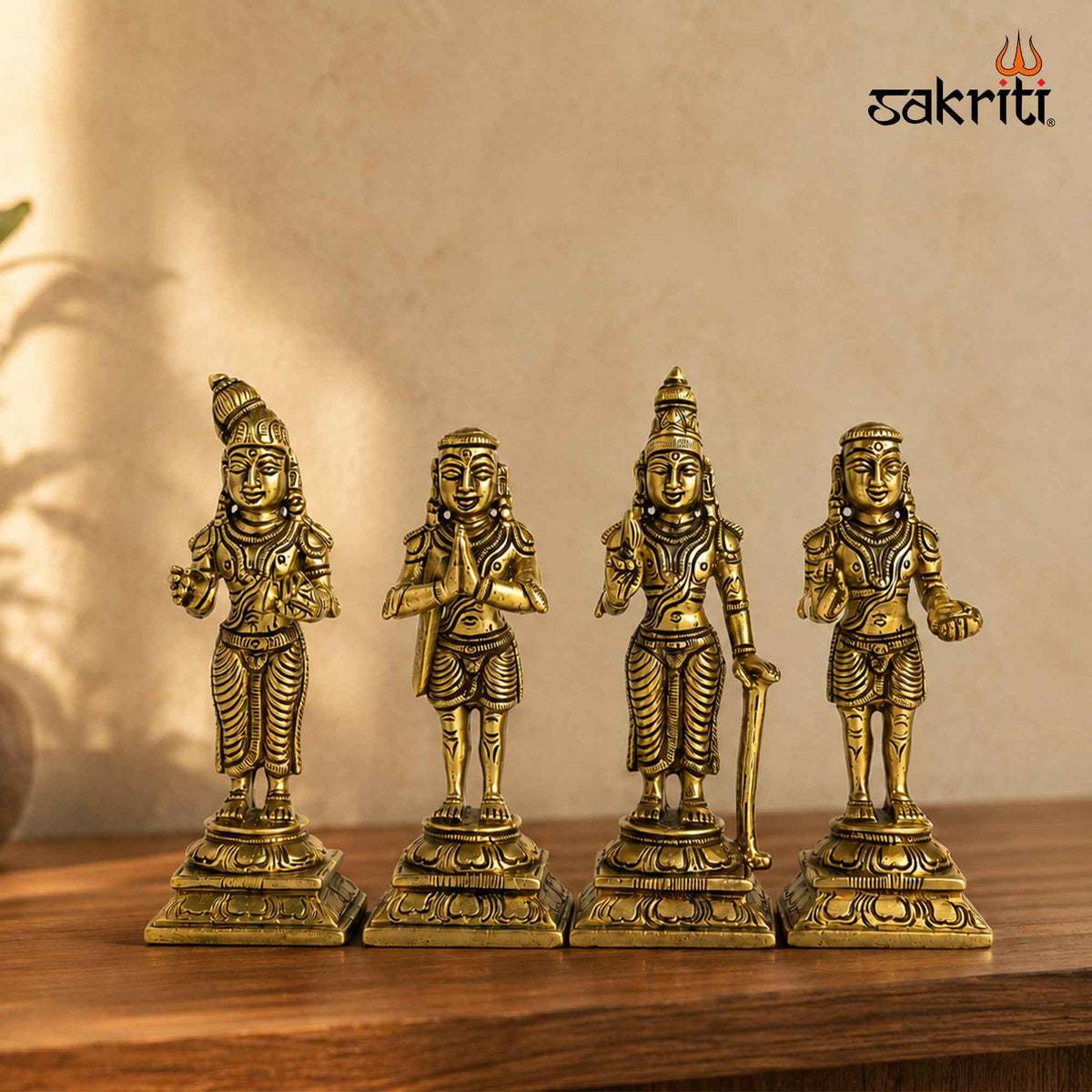 Brass Naalvar Idol Set with Yellow Antique Finish – 4 Inch Traditional Devotional Figures for Home Pooja
