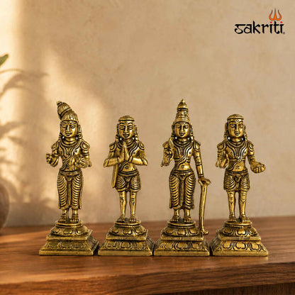 Brass Naalvar Idol Set with Yellow Antique Finish – 4 Inch Traditional Devotional Figures for Home Pooja
