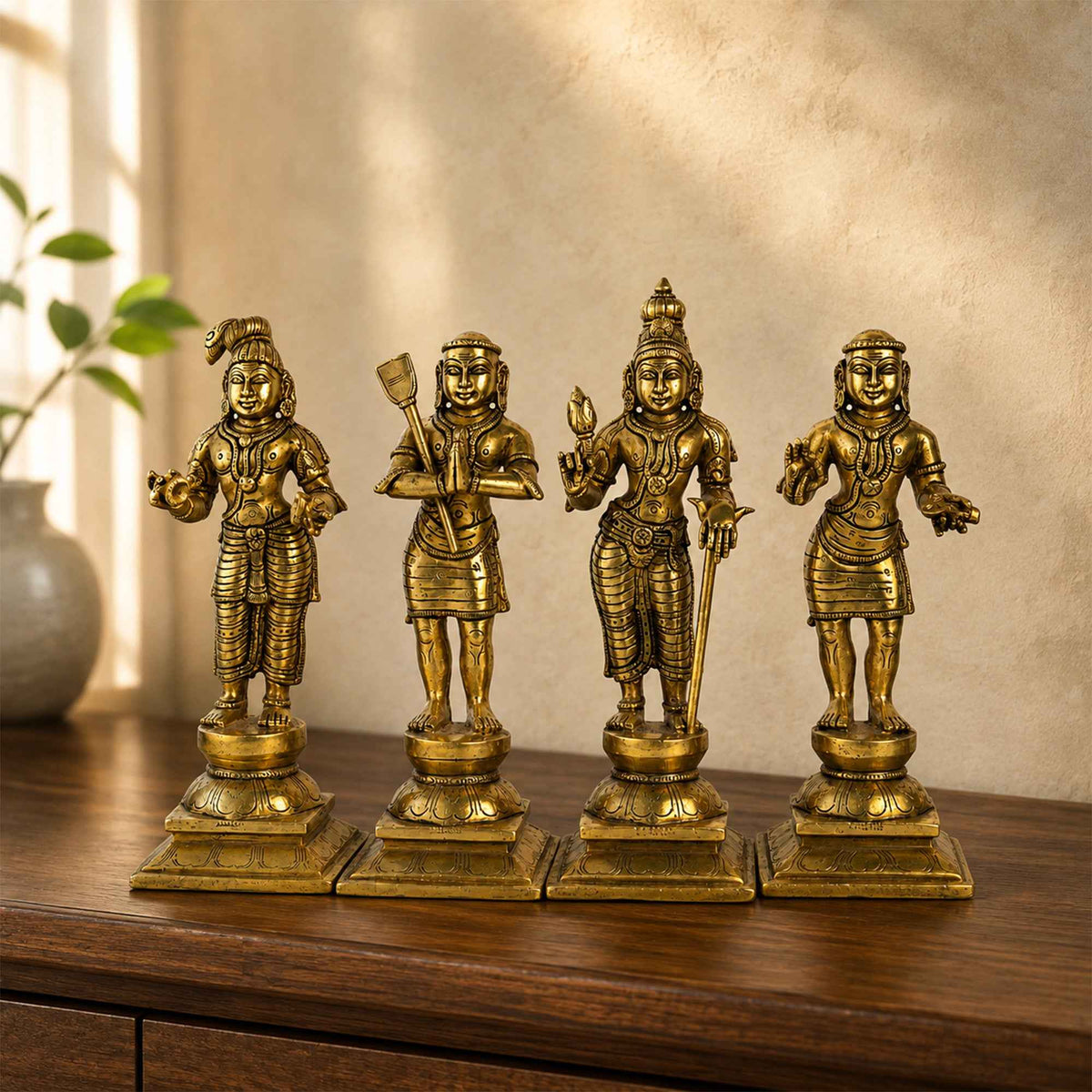 Brass Naalvar Idol Set with Yellow Antique Finish – 10 Inch Traditional Devotional Figures for Home Pooja