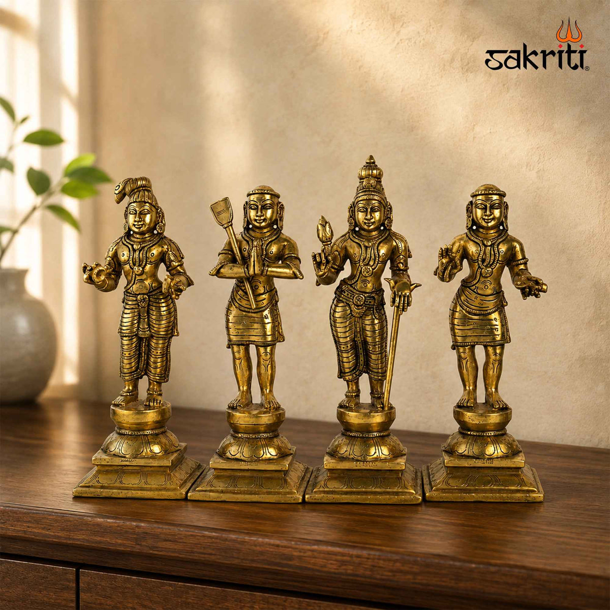 Brass Naalvar Idol Set with Yellow Antique Finish – 10 Inch Traditional Devotional Figures for Home Pooja