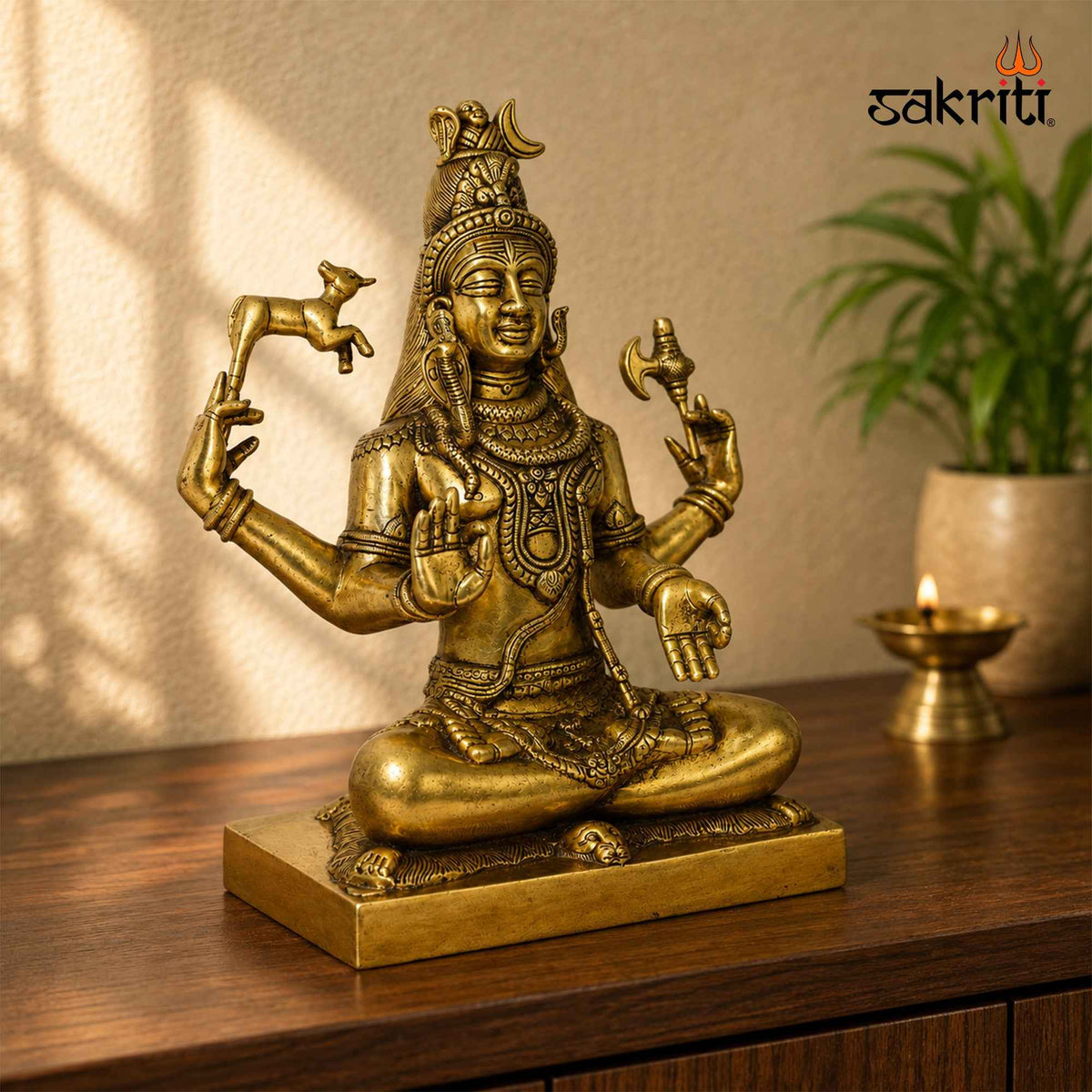 Brass Shiva Idol with Yellow Antique Finish – 15.3 Inch Devotional Statue for Home Temple and Pooja