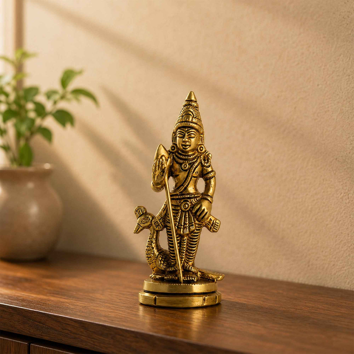 Brass Murugan Idol with Yellow Antique Finish – 4.3 Inch Devotional Statue for a Compact Home Pooja Space