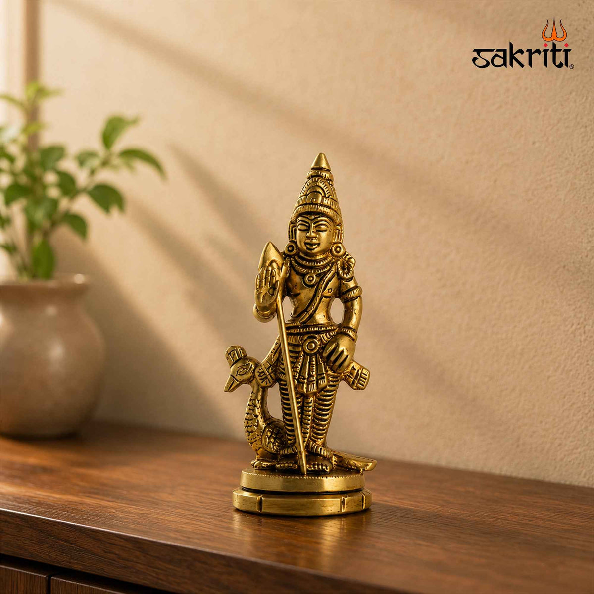 Brass Murugan Idol with Yellow Antique Finish – 4.3 Inch Devotional Statue for a Compact Home Pooja Space
