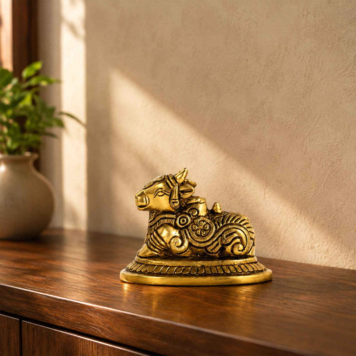 Brass Nandi Statue with Yellow Antique Finish – 2.2 Inch Traditional Devotional Figurine for Home Pooja