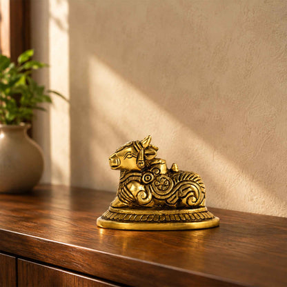 Brass Nandi Statue with Yellow Antique Finish – 2.2 Inch Traditional Devotional Figurine for Home Pooja